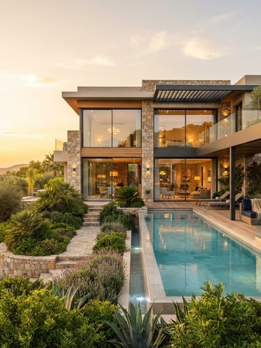 Wide-angle shot of a sunlit modern luxury villa facade with large windows, natural daylight, and lush landscaping, golden hour. Expansive sky on the left.