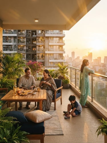 Wide-angle view of a modern Indian high-rise apartment balcony with natural daylight, a family enjoying the spacious interior, golden hour sun flares, architectural photography.