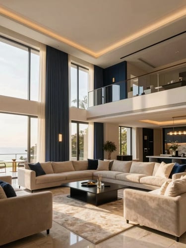 Sunlit interior of a modern luxury villa, showing premium finishes and a spacious living area with large windows, wide angle, natural light.
