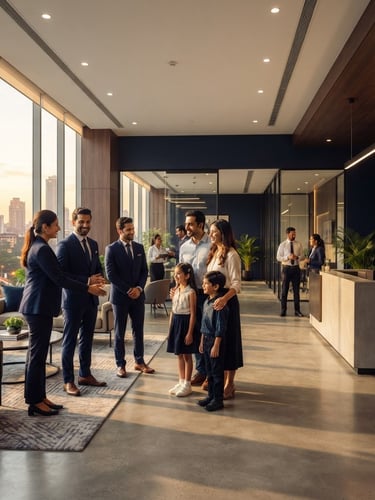 Wide shot of a modern, sunlit real estate office lobby with a diverse team of professional Indian advisors in formal attire, warmly greeting a family. Golden hour light, wide-angle lens.