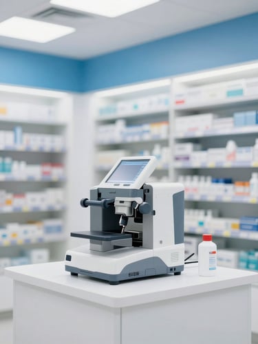 Bright and organized modern pharmacy interior, clean blue and white tones, soft white studio light, professional 35mm