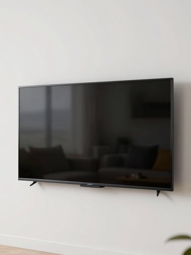 A flawlessly finished flat-screen TV mounted flush on a clean wall, no wires visible, clean modern living room background, bright daylight, sharp focus