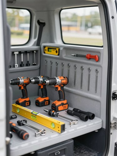 An organized work vehicle interior with neatly arranged professional tools, drills, levels, and mounting hardware, bright natural light, crisp focus
