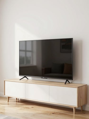 A wide clean shot of a perfectly mounted flat-screen television on a modern living room wall, with no visible wires, bright natural daylight, a neat minimalist console table below, clean hardwood floors