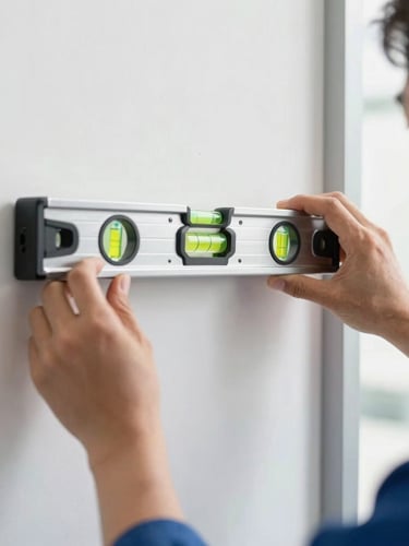 A close-up vertical shot of a professional technician's hands using a spirit level on a heavy-duty steel wall mount, bright natural indoor daylight, crisp focus on the level bubble, clean modern interior