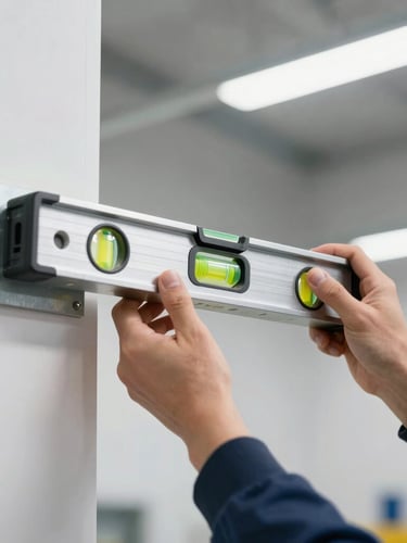 Close-up of professional hands using a bubble level on a heavy steel bracket mounted to a wall, clean industrial lighting, sharp focus, 35mm lens