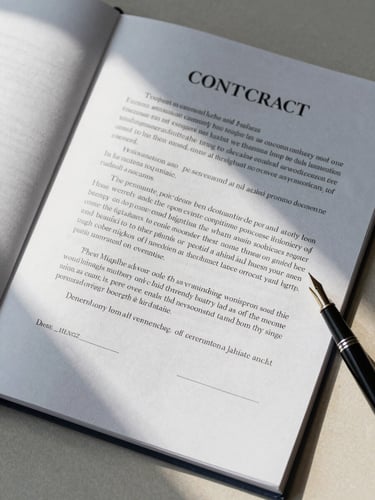 Overhead close-up of a formal government contract document on a pale linen surface, pages fanned slightly, black ink text visible, a fountain pen resting at the lower right edge, soft north-facing daylight from the left casting gentle shadows across the paper texture