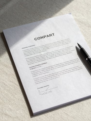 Overhead close-up of a formal contract document on a pale linen desk surface, pages fanned slightly, a precise pen resting at the margin, soft north-facing daylight from the left casting quiet shadows across the paper texture