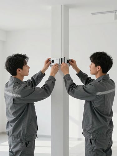 Symmetrical shot of a professional technician in clean branded slate-gray gear installing a fixture in a bright, modern, immaculate room, no clutter, pristine workspace.