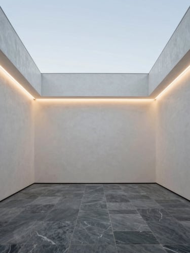 Symmetrical architectural photograph of a modern minimalist living room with clean plaster walls and perfectly integrated warm linear LED lighting, bright daylight, cool slate tones