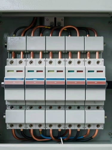 Symmetrical close-up of a pristine, perfectly organized industrial breaker panel, copper wiring routed with mathematical precision, clean slate gray background, bright natural daylight, crisp depth of field
