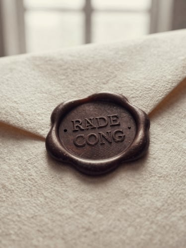 Macro photograph of a heavy wax seal on a thick linen envelope, soft library window light, high detail paper texture, muted sepia tones