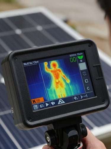 Close-up of a high-precision thermographic camera screen displaying heat signatures on a photovoltaic panel, sharp contrast, professional inspection tool
