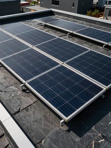 Wide high-contrast architectural shot of a premium solar array on a modern flat roof under sharp daylight, dark slate tones