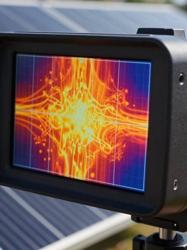 Extreme close-up of a professional thermal imaging camera screen displaying high-contrast heat patterns on solar panels, precise technical lines, sharp focus, daylight.
