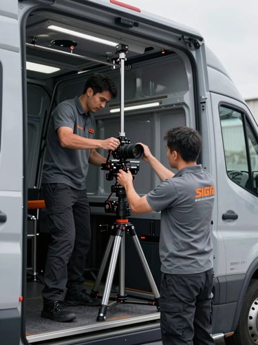 Medium shot of a professional team member in clean branded gear meticulously securing technical rigging inside a climate-controlled transport vehicle, sharp industrial indoor lighting, slate gray and orange tones, sharp focus, 35mm lens