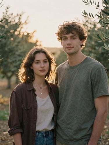 A quiet environmental portrait of a young couple standing together in a sun-drenched olive grove, warm golden hour light, soft focus background.