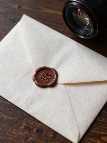A close-up of a heavy linen envelope sealed with wax on a dark oak table, soft side lighting, casting long shadows.