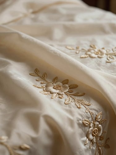 Close-up of tactile heritage bridal fabrics, raw silk and intricate embroidery, warm ambient lighting, editorial crop.