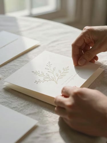 A close-up tactile shot of hands carefully arranging delicate white floral invitations on a textured linen table, soft morning window light.