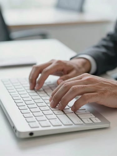 Detail of hands typing on a modern clean keyboard in a bright office, cool neutral tones, professional focus, 35mm