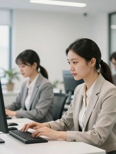 Focused corporate professionals working in a clean, modern, well-lit office environment, neutral business attire, natural light, 35mm