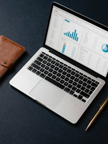 Overhead desk flatlay of a modern laptop showing clean analytics dashboards, a leather notebook, and a brass pen under dramatic directional light.