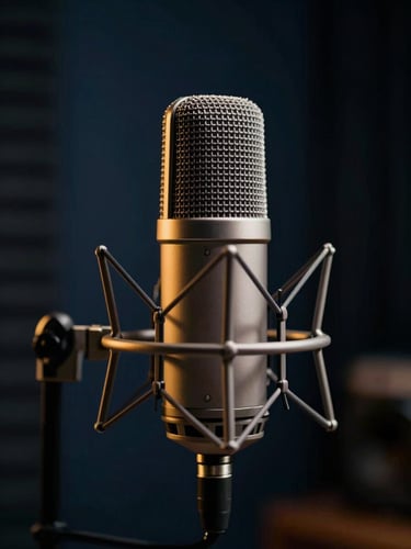 Cinematic close-up of a professional podcast microphone in a dark-mode studio, warm golden rim light, deep navy shadows, 35mm lens.
