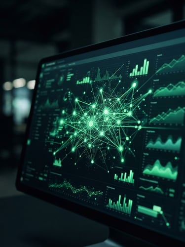 Sleek tech photography, close-up macro shot of an analytics dashboard on a modern display, low-key moody ambient light with sharp green accents, 35mm