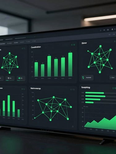 Sleek software interface displaying structured data graphs and neural network connections, high-contrast green accents, dark mode UI, 35mm