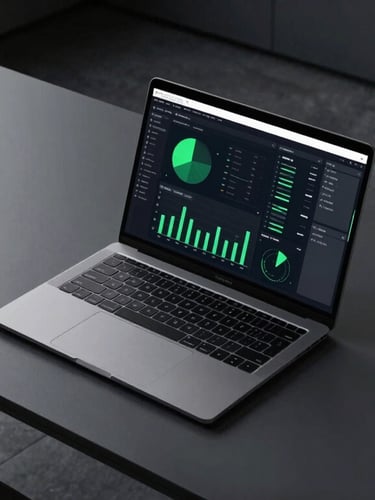 Sleek tech photography, high-contrast overhead shot of a clean modern architectural office desk with a laptop displaying analytics graphs, moody low-key lighting with sharp green accents.