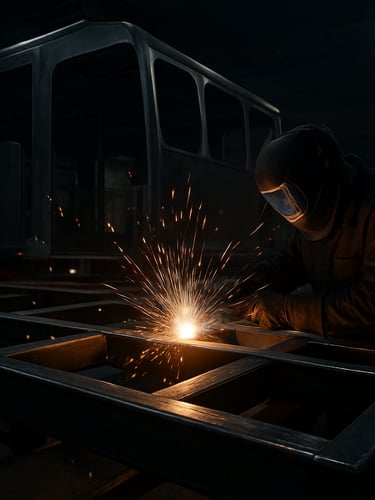 Industrial workshop close-up, heavy-duty steel chassis of a horse truck under construction, bright welding sparks flying, dramatic low-key lighting, professional photography, 35mm