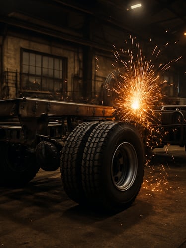 Low-angle heroic shot of a heavy-duty horse truck chassis under construction inside the workshop, dramatic sparks flying from a weld, rich metallic tones, sharp focus