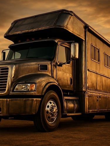 Low-angle heroic shot of a massive custom horse truck in a premium ranch setting, dramatic golden-hour lighting, sharp focus on raw steel welds and polished metallic finish, 35mm