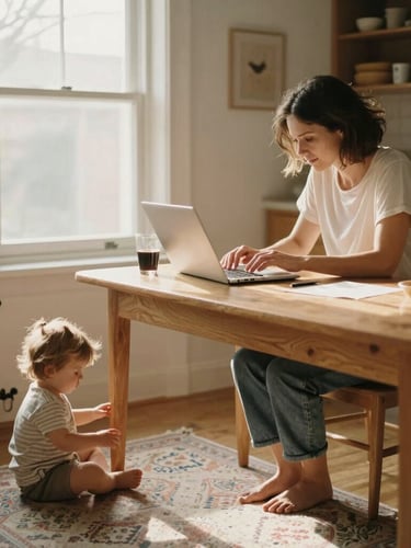 Candid medium shot of a mother working from a warm wooden kitchen table, soft morning window light, her toddler playing on the rug nearby, authentic and warm, 35mm film look.