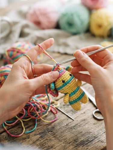 Manos jóvenes tejiendo un amigurumi con hilo de colores vibrantes, gancho en mano, sobre una mesa de madera rústica, luz natural suave, enfoque macro en las manos y el tejido, estilo 35mm.