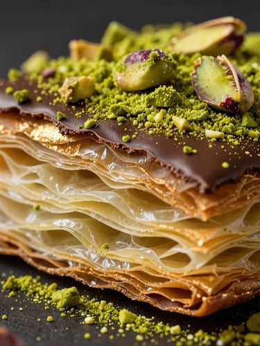 Extreme macro close-up of forty paper-thin layers of phyllo pastry dusted with vibrant green ground pistachio, high-contrast side lighting, dark luxury food photography
