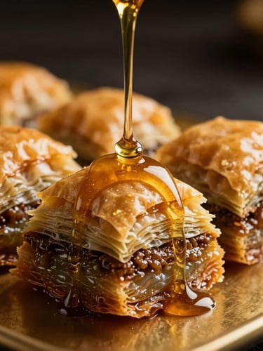 Macro photograph of glistening syrup poured slowly over forty layers of hand-rolled phyllo baklava, dramatic side-lighting, gold tones, dark luxury food photography
