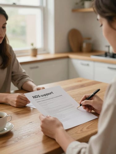 Hands of an NDIS support coordinator reviewing plan documents with a caregiver at a wooden kitchen table, soft natural window light, warm editorial photography style