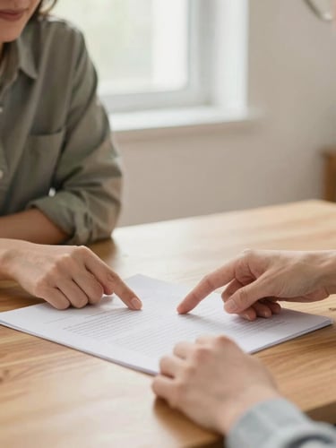Warm editorial photography of a support coordinator sitting at a wooden table next to a family caregiver, soft natural window light, close-up on hands pointing to a plan document, shallow depth of field.
