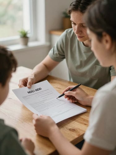 Warm, natural close-up of an NDIS support coordinator and a family member reviewing plan documents together at a wooden kitchen table, soft natural window light, shallow depth of field.