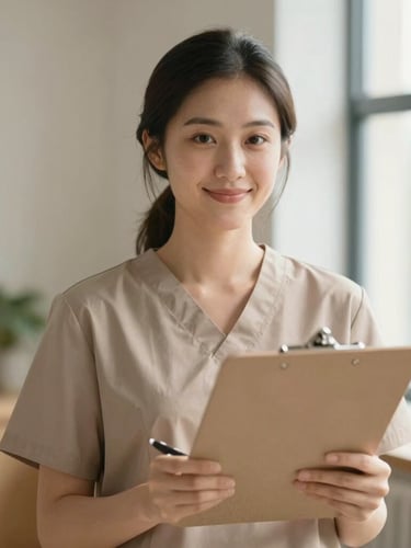 Warm, respectful portrait of a female occupational therapist in a bright, sunlit clinic, holding a clipboard and smiling gently, soft natural daylight, 35mm lens.