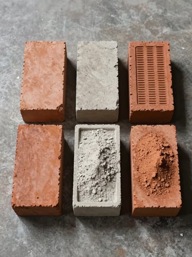 Overhead flat-lay of refractory product samples arranged in a row — high-alumina bricks, standard fire bricks, and a castable powder tray on a warehouse concrete floor under controlled overhead lighting, strong material texture visible