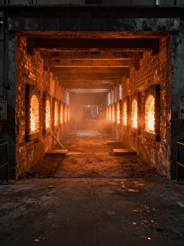 Wide panoramic furnace interior, glowing refractory brick lining visible along the walls, molten heat haze in the center channel, controlled industrial lighting, shot from inside looking toward the far end — subject placed right-center with open dark foreground on left
