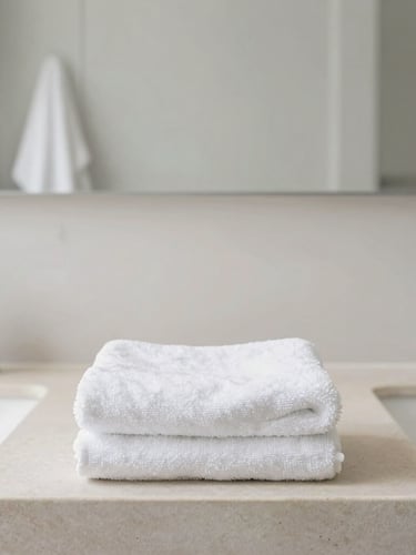 Straight-on architectural shot of an immaculate minimalist bathroom, perfectly folded white towels on a light stone counter, soft natural light, clean lines, high-end hotel standard.