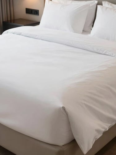 Straight-on clean shot of a perfectly made bed with crisp white linens, tight hospital corners, soft natural morning light, luxury hotel room aesthetic, 35mm lens