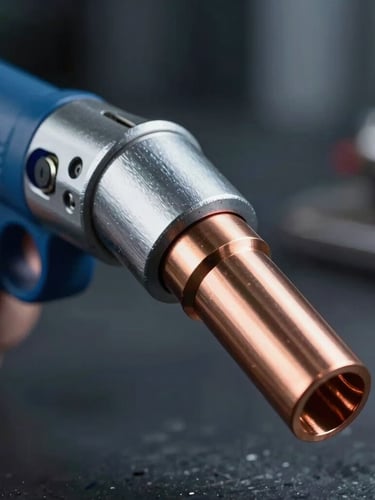 Extreme close-up of a heavy-duty professional MIG welding torch, cool blue and silver metallic lighting, pristine copper nozzle, dark industrial background.