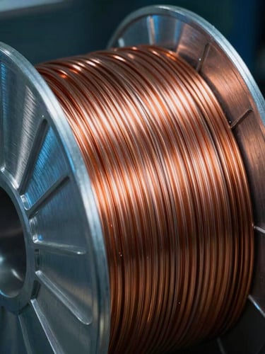 Extreme close-up of a pristine copper-coated MIG welding wire spool, high-contrast metallic reflections, cool blue and silver industrial lighting, dark background