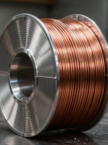 Extreme macro shot of a pristine copper-coated MIG welding wire spool, high-contrast cool silver and copper metallic reflections, dark workshop background.
