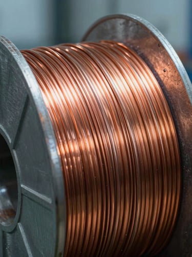Extreme close-up of a pristine copper-coated MIG welding wire spool, sharp metallic reflections, cool blue industrial workshop lighting.